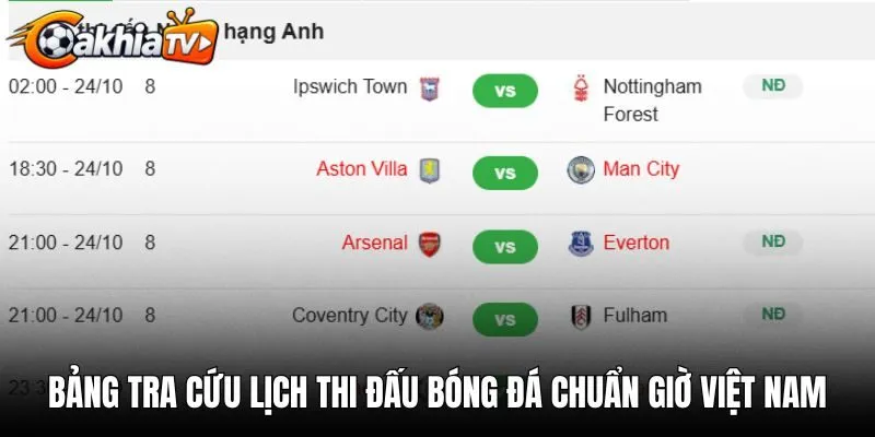 Bảng tra cứu lịch thi đấu bóng đá chuẩn giờ Việt Nam